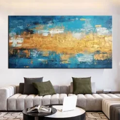Handmade Gold blue Painting Hand Painted Oil Painting Wall Art Gold Foil Painting on Canvas Large Wall Art Texture contemporary art Home Decoration Rolled Canvas