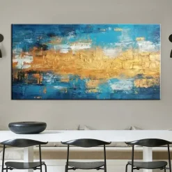 Handmade Gold blue Painting Hand Painted Oil Painting Wall Art Gold Foil Painting on Canvas Large Wall Art Texture contemporary art Home Decoration Rolled Canvas