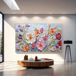Handmade Hand Painted floral Oil Painting Wall Purole Flower Landscape Painting Home Decoration 3D Original Spiritual Flower Painting Wide Abstract White Floral Textured Wall Art Living Room Artwork