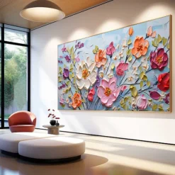 Handmade Hand Painted floral Oil Painting Wall Purole Flower Landscape Painting Home Decoration 3D Original Spiritual Flower Painting Wide Abstract White Floral Textured Wall Art Living Room Artwork