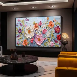 Handmade Hand Painted floral Oil Painting Wall Purole Flower Landscape Painting Home Decoration 3D Original Spiritual Flower Painting Wide Abstract White Floral Textured Wall Art Living Room Artwork
