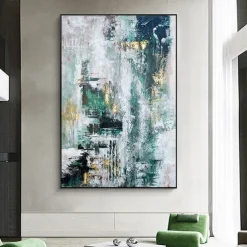 Handmade Hand Painted Oil Painting Storm Wall Art Dark Green Gold Foil Modern Minimalist Home Decoration Decor Rolled Canvas No Frame Unstretched