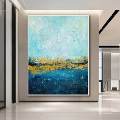 Handmade Hand Painted Oil Painting Storm Wall Art Dark Green Gold Foil Modern Minimalist Home Decoration Decor Rolled Canvas No Frame Unstretched