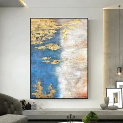 Handmade Hand Painted Oil Painting Storm Wall Art Dark Green Gold Foil Modern Minimalist Home Decoration Decor Rolled Canvas No Frame Unstretched