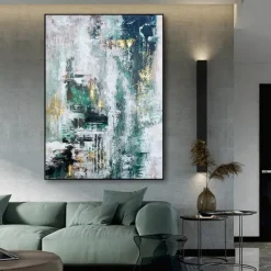 Handmade Hand Painted Oil Painting Storm Wall Art Dark Green Gold Foil Modern Minimalist Home Decoration Decor Rolled Canvas No Frame Unstretched