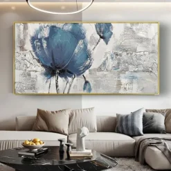 Handmade Oil Painting Canvas Wall Art Decoration Modern Abstract Texture Big Blue Rose Flower for Living Room Home Decor Rolled Frameless Unstretched Painting