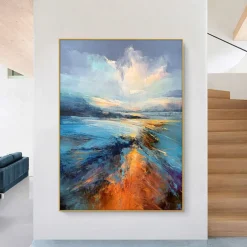 Handmade Oil Painting Canvas Wall Art Decor Abstract Colorful Ocean Painting Original Seascape Painting for Home Decor With Stretched Frame/Without Inner Frame Painting