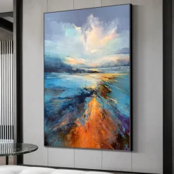 Handmade Oil Painting Canvas Wall Art Decor Abstract Colorful Ocean Painting Original Seascape Painting for Home Decor With Stretched Frame/Without Inner Frame Painting