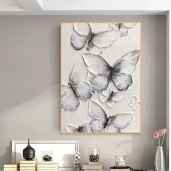 Handmade Oil Painting Canvas Wall Art Decoration Modern Texture Abstract White Butterfly for Home Decor Rolled Frameless Unstretched Painting