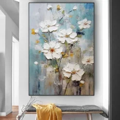 Handmade Oil Painting Canvas Wall Art Decoration Thick Oil White Abstract Flowers for Home Decor Rolled Frameless Unstretched Painting