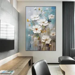 Handmade Oil Painting Canvas Wall Art Decoration Thick Oil White Abstract Flowers for Home Decor Rolled Frameless Unstretched Painting