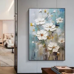 Handmade Oil Painting Canvas Wall Art Decoration Thick Oil White Abstract Flowers for Home Decor Rolled Frameless Unstretched Painting