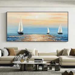 Handmade Oil Painting Canvas Wall Art Decoration Abstract Sailboat in the Sunset Painting Abstract Ocean Seascape Painting for Home Decor Rolled Frameless Unstretched Painting