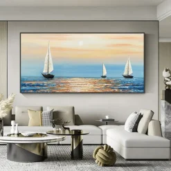 Handmade Oil Painting Canvas Wall Art Decoration Abstract Sailboat in the Sunset Painting Abstract Ocean Seascape Painting for Home Decor Rolled Frameless Unstretched Painting