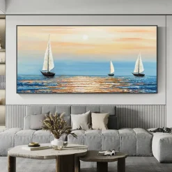 Handmade Oil Painting Canvas Wall Art Decoration Abstract Sailboat in the Sunset Painting Abstract Ocean Seascape Painting for Home Decor Rolled Frameless Unstretched Painting