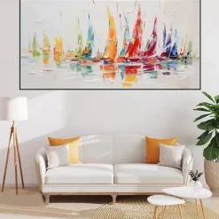 Handmade Oil Painting Canvas Wall Art Decoration Modern Abstract Sailboat Landscape for Living Room Home Decor Rolled Frameless Unstretched Painting