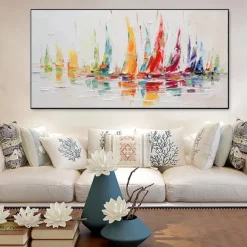 Handmade Oil Painting Canvas Wall Art Decoration Modern Abstract Sailboat Landscape for Living Room Home Decor Rolled Frameless Unstretched Painting