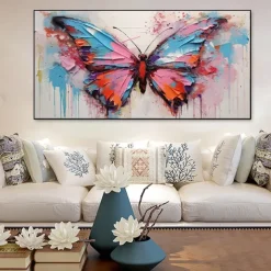 Handmade Oil Painting Canvas Wall Art Decoration Modern Abstract Texture Knife Drawing colorful Butterflie for Living Room Home Decor Rolled Frameless Unstretched Painting