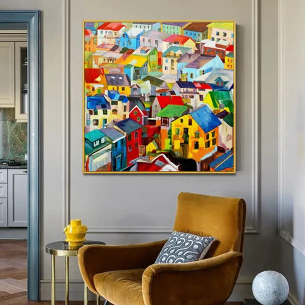 Handmade Oil Painting Canvas Wall Art Decoration Modern Abstract Village Colorful House Home Living Room Decor Rolled Frameless Unstretched Painting