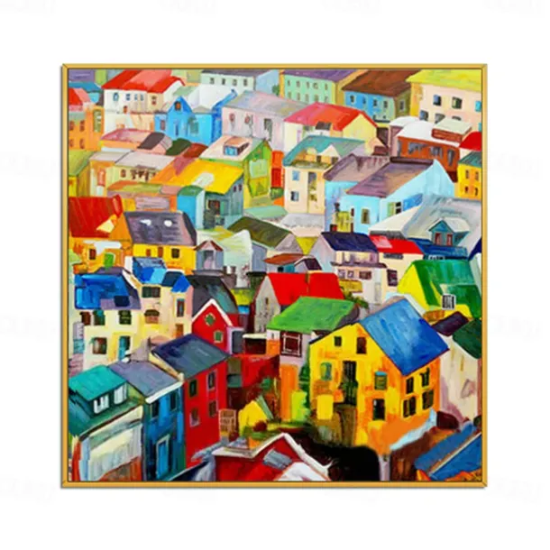 Handmade Oil Painting Canvas Wall Art Decoration Modern Abstract Village Colorful House Home Living Room Decor Rolled Frameless Unstretched Painting