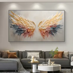 Handmade Original Angel Wing Oil Painting On Canvas Wall Art Decor Abstract Minimalist golden Painting for Home Decor With Stretched Frame/Without Inner Frame Painting
