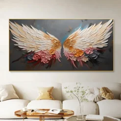 Handmade Original Angel Wing Oil Painting On Canvas Wall Art Decor Abstract Minimalist golden Painting for Home Decor With Stretched Frame/Without Inner Frame Painting