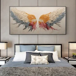 Handmade Original Angel Wing Oil Painting On Canvas Wall Art Decor Abstract Minimalist golden Painting for Home Decor With Stretched Frame/Without Inner Frame Painting