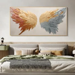 Handmade Original Angel Wing Oil Painting On Canvas Wall Art Decor Abstract Minimalist golden Painting for Home Decor With Stretched Frame/Without Inner Frame Painting