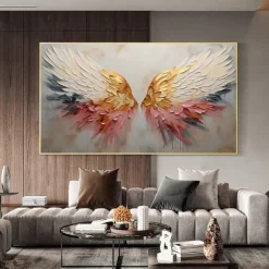 Handmade Original Angel Wing Oil Painting On Canvas Wall Art Decor Abstract Minimalist golden Painting for Home Decor With Stretched Frame/Without Inner Frame Painting