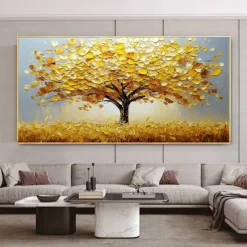 Handmade Original Golden Tree of Life Oil Painting On Canvas Abstract Texture Floral Wall Art for Home Decor With Stretched Frame/Without Inner Frame Painting