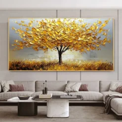 Handmade Original Golden Tree of Life Oil Painting On Canvas Abstract Texture Floral Wall Art for Home Decor With Stretched Frame/Without Inner Frame Painting