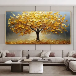 Handmade Original Golden Tree of Life Oil Painting On Canvas Abstract Texture Floral Wall Art for Home Decor With Stretched Frame/Without Inner Frame Painting