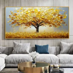 Handmade Original Golden Tree of Life Oil Painting On Canvas Abstract Texture Floral Wall Art for Home Decor With Stretched Frame/Without Inner Frame Painting