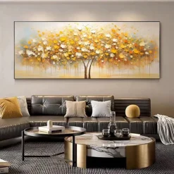 Handmade Original Golden Tree Painting Fall Decor Thick Oil Painting Tree Of Life Art Flower Wall Art Large Tree Paintings No Frame