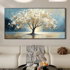 Handmade Original White Tree of Life Painting Oil Painting On Canvas Abstract Blooming Big Tree Wall Art for Home Decor With Stretched Frame/Without Inner Frame Painting
