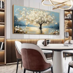 Handmade Original White Tree of Life Painting Oil Painting On Canvas Abstract Blooming Big Tree Wall Art for Home Decor With Stretched Frame/Without Inner Frame Painting