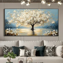 Handmade Original White Tree of Life Painting Oil Painting On Canvas Abstract Blooming Big Tree Wall Art for Home Decor With Stretched Frame/Without Inner Frame Painting