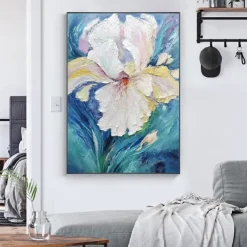 Handpaint Large Abstract Flower Painting On Canvas Blue Texture Painting Navy Pink Floral Painting Room Wall Art Home Decor For Living Room No Frame