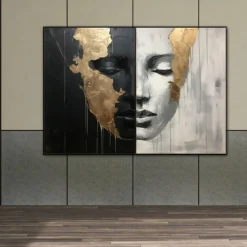 Hand-painted Abstract Girl Faces Paintings On Canvas Black White Painting Figurative Artwork Gold People Painting Minimalist Wall Art for Home Decor Stretched Frame Ready to Hang