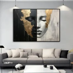 Hand-painted Abstract Girl Faces Paintings On Canvas Black White Painting Figurative Artwork Gold People Painting Minimalist Wall Art for Home Decor Stretched Frame Ready to Hang