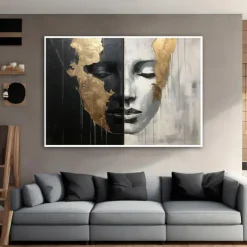 Hand-painted Abstract Girl Faces Paintings On Canvas Black White Painting Figurative Artwork Gold People Painting Minimalist Wall Art for Home Decor Stretched Frame Ready to Hang
