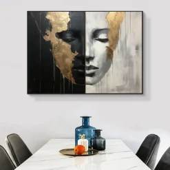 Hand-painted Abstract Girl Faces Paintings On Canvas Black White Painting Figurative Artwork Gold People Painting Minimalist Wall Art for Home Decor Stretched Frame Ready to Hang