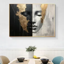 Hand-painted Abstract Girl Faces Paintings On Canvas Black White Painting Figurative Artwork Gold People Painting Minimalist Wall Art for Home Decor Stretched Frame Ready to Hang