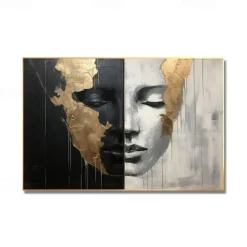 Hand-painted Abstract Girl Faces Paintings On Canvas Black White Painting Figurative Artwork Gold People Painting Minimalist Wall Art for Home Decor Stretched Frame Ready to Hang