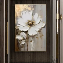 Handpainted Large Flower Texture Painting 3D Texture Painting Gold Floral Abstract Painting Original Gold Wall Art Flower Painting for Living Room Home Decor Stretched Frame Ready to Hang