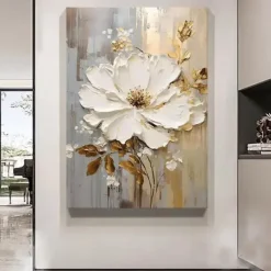 Handpainted Large Flower Texture Painting 3D Texture Painting Gold Floral Abstract Painting Original Gold Wall Art Flower Painting for Living Room Home Decor Stretched Frame Ready to Hang