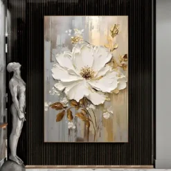 Handpainted Large Flower Texture Painting 3D Texture Painting Gold Floral Abstract Painting Original Gold Wall Art Flower Painting for Living Room Home Decor Stretched Frame Ready to Hang