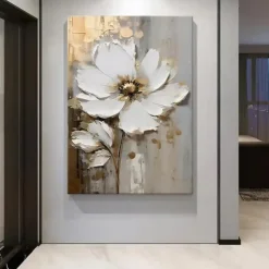 Handpainted Large Flower Texture Painting 3D Texture Painting Gold Floral Abstract Painting Original Gold Wall Art Flower Painting for Living Room Home Decor Stretched Frame Ready to Hang