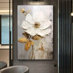 Handpainted Large Flower Texture Painting 3D Texture Painting Gold Floral Abstract Painting Original Gold Wall Art Flower Painting for Living Room Home Decor Stretched Frame Ready to Hang