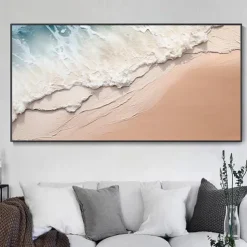 Hand-painted Minimalist Ocean Painting on Canvas 3D Textured Wall Art Earth Tone Seawaves Wall Art Living Room Painting Fashion Room Decor No Frame